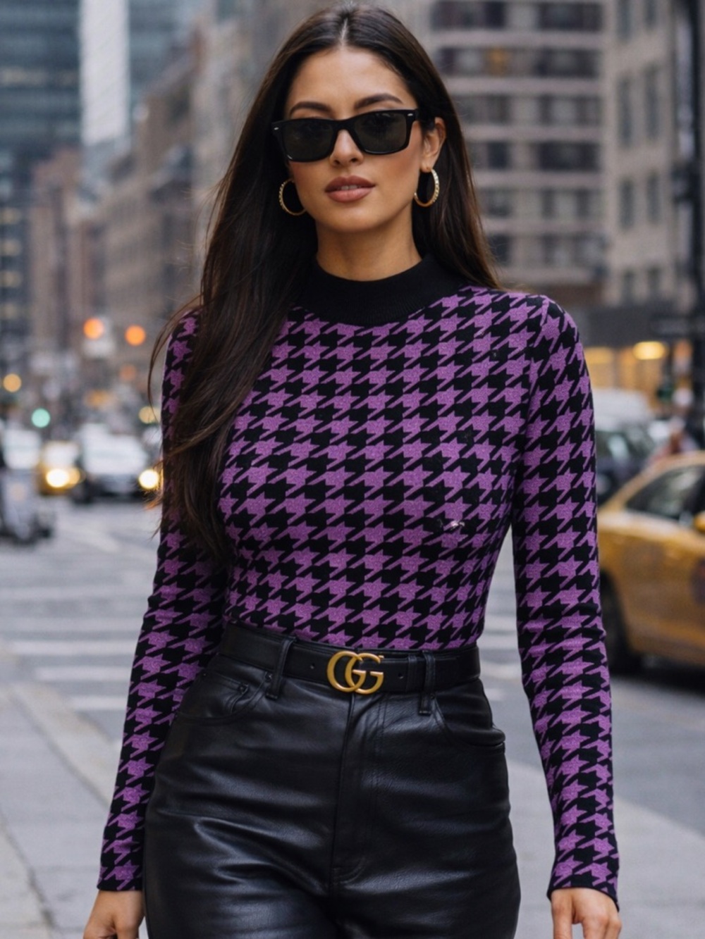 NEW River Island Houndstooth Mock Neck Sweater Shimmer Metallic Mod Retro Sz 10